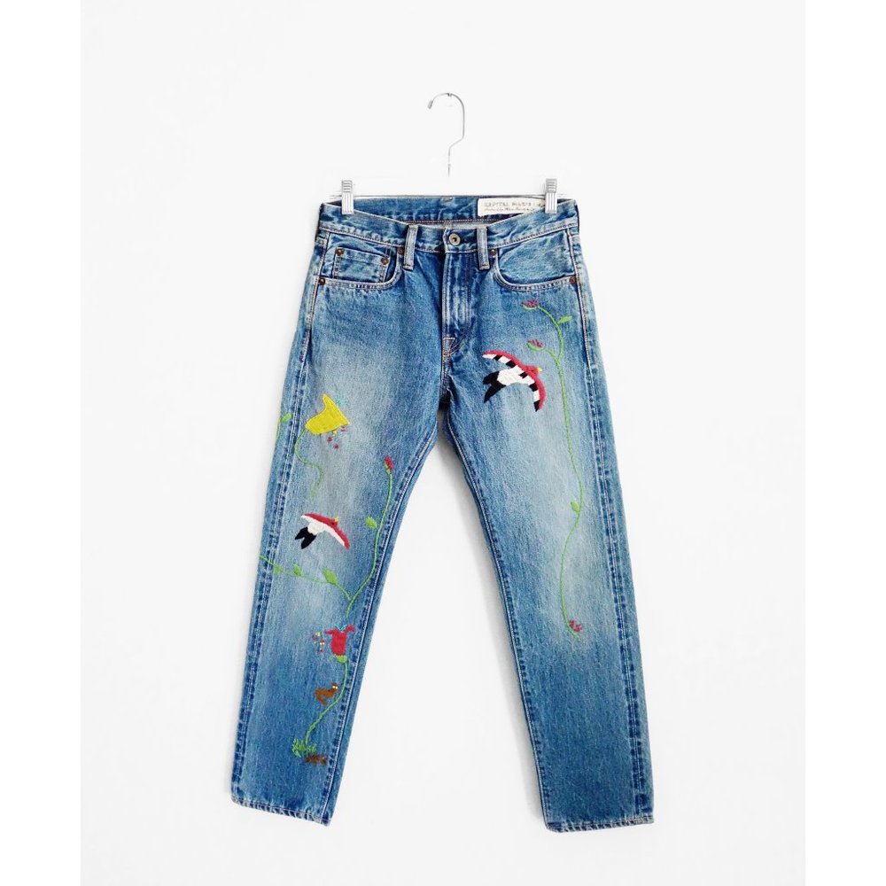 Kapital Japan Stonewash Denim Floral Bird Embroidered Jeans 28 est 25 - Picture 1 of 15